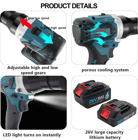 Close-up of Cordless Rivet Nut Gun Set With Automatic Electric Riveter And 26V Battery showing adjustable speed gears and cooling system.