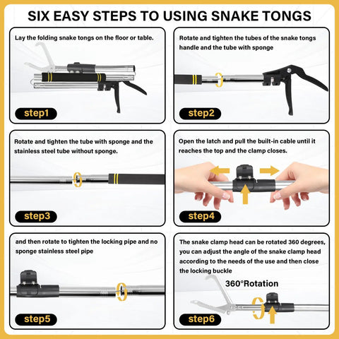 55 Inch Snake Grabber Tool With Long Reach Heavy Duty Folding Snake Tongs Wide Jaw Handling Tool For Rattlesnakes Pro Grade Stainless Steel Tube Safe Distance Catcher Black Yellow