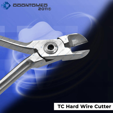 Orthodontic Hard Wire Cutter Pliers With Tungsten Carbide Tips, Stainless Steel, shown cutting hard wires and ligatures