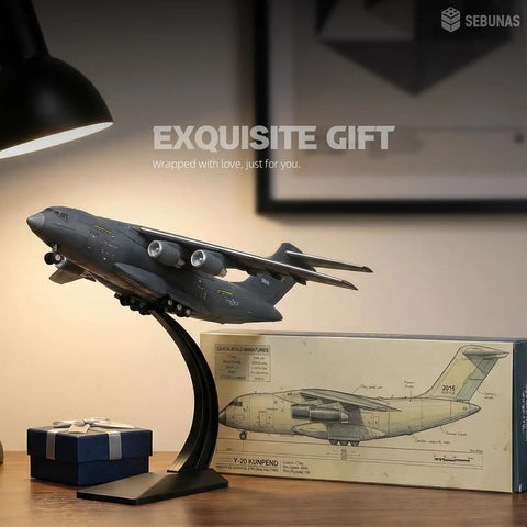 One To One Hundred Scale Y 20 Transport Aircraft Quick Assembly Model Kit Plastic Airplane With Stand displayed on desk with gift box