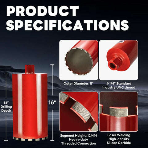8 Inch Wet Core Drill Bit With High Density Diamond And Precision Welded Segments 14 Inch Depth For Concrete Rebar Brick Masonry Pavers