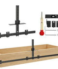 Precision Aluminum Twin Ruler Cabinet Hardware Jig, 44 And 16 Inch Drill Guide Template with tools and wooden drawer.