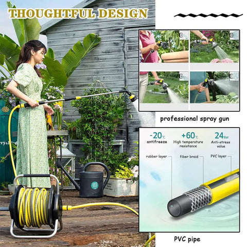 Rock Solid Hose Reel Cart Loaded With 25M Garden Pipe And High Pressure Spray Gun And Wall Mounted Outdoor Storage Rack in use, showcasing a professional spray gun.