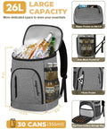 Gray insulated cooler backpack for 30 cans with drinks, leak-proof design, large capacity, compartments for travel and hiking.