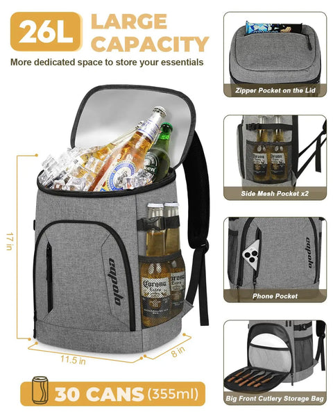 Gray insulated cooler backpack for 30 cans with drinks, leak-proof design, large capacity, compartments for travel and hiking.