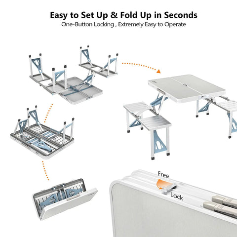 4 Ft Folding Camping Picnic Table Set With Seats And Umbrella Hole unfolded and folded setup demonstration