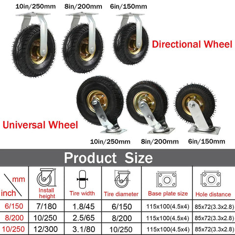 Set Of Two Heavy Duty Swivel Knobby Caster Wheels Featuring Double Ball Bearings And Rust Resistant Steel Brackets Built Tough for 10in, 8in, and 6in sizes.