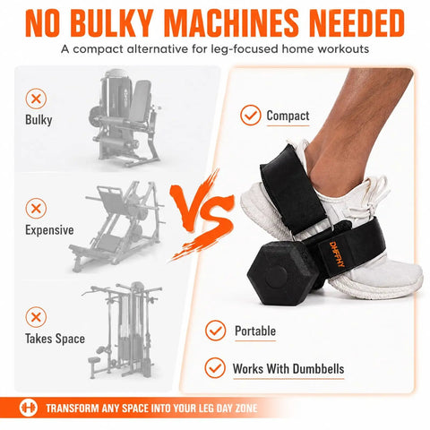 Dumbbell Foot Attachment For Glute Kickbacks And Hamstring Curls With Adjustable Ankle Strap For Home Gym shown in use on foot