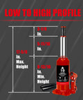10 Ton Bottle Hydraulic Jack With 20,000 Lbs Capacity And Adjustable Screw Top Extension, red, showing height measurements