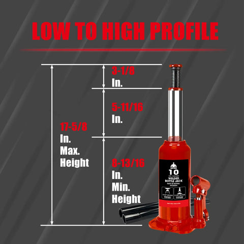 10 Ton Bottle Hydraulic Jack With 20,000 Lbs Capacity And Adjustable Screw Top Extension, red, showing height measurements