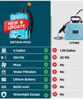 Comparison chart of Backpack Sprayer 4 Gallon With Mixer And 0 To 100 Psi Adjustable Pressure versus 1.35-gallon sprayer.