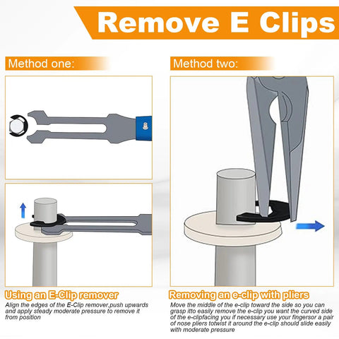 Illustration showing removal methods for E Clip Circlip Assortment Kit, 330 Pcs, 14 Sizes, 304 Stainless Steel External Retaining Rings