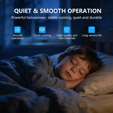Child sleeping peacefully at night, showcasing quiet comfort enhanced by Heavy Duty Replacement Condenser Fan Motor 1/4 Hp At 850 Rpm 208 Through 230 Volt AC Blower Featuring Energy Saving Copper Core Windings Built Tough For Zero Hassle Hvac Cooling.