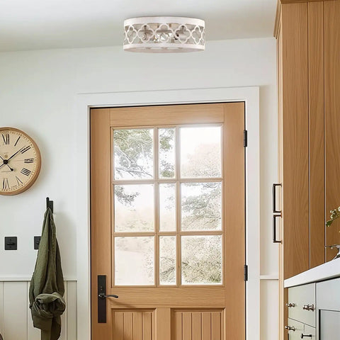 Farmhouse Quatrefoil 13 Inch Flush Mount Ceiling Light With Distressed White Metal Drum Shade And Antique White Finish in hallway