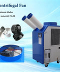 Heavy Duty 220V Industrial Air Conditioner Featuring Dual Adjustable Ducts And Intelligent Digital Panel Portable Spot Cooler Kicking Serious Chill For Active Garage Or Job Site, showing side view with aluminum blades.