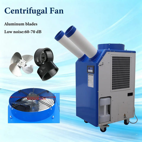 Heavy Duty 220V Industrial Air Conditioner Featuring Dual Adjustable Ducts And Intelligent Digital Panel Portable Spot Cooler Kicking Serious Chill For Active Garage Or Job Site, showing side view with aluminum blades.