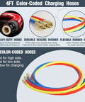 4ft color-coded charging hoses for HVAC R134a R12 R22 service, featuring durable sealing washers and flexible rubber.