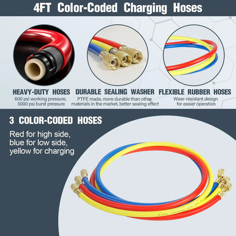 4ft color-coded charging hoses for HVAC R134a R12 R22 service, featuring durable sealing washers and flexible rubber.