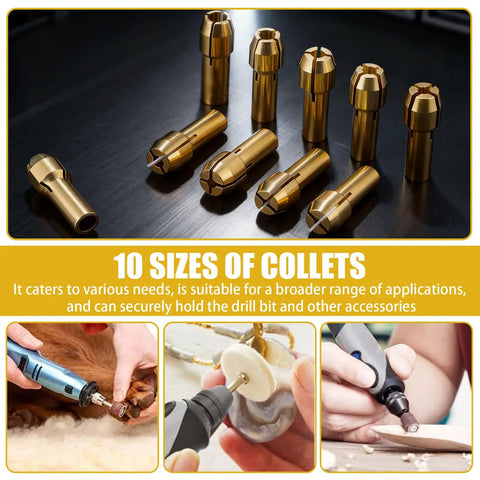 Pro Grade 10 Piece Brass Collet Set For Rotary Tools Ideal For Cutting Polishing Carving And Engraving With Sizes From 0.5mm To 3.2mm