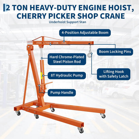 2 Ton Heavy Duty Two Ton Folding Engine Hoist Plus Three Quarter Ton Underhoist Stand Combo featuring adjustable boom and hydraulic pump.