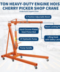 Heavy Duty 2 Ton Folding Hydraulic Engine Hoist With Slick Shop Crane Lift, adjustable boom, orange finish and hydraulic pump components.