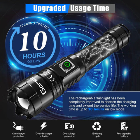 Ultra Bright 10000 Lumen USB Rechargeable Flashlight With XHP70.2 LED for Camping and Emergencies, 10-hour run time display