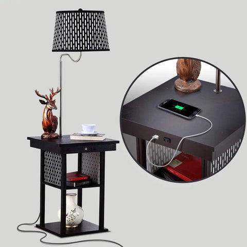 Madison Compact Side Table With Integrated Floor Lamp USB Port And LED Bulb, Bedside Reading Light, Modern End Table For Bedroom Living Room Office, Space Saving Nightstand In Black