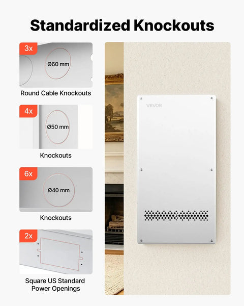 Standardized knockouts on the Slick 28 Inch In Wall Structured Media Enclosure Box showing various sizes for cable access.