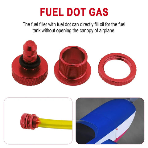 Aluminum Fuel Dot For Gas Or Glow RC Planes, Phi4 By Phi12 Size, 8.8mm Thread, red fittings with connector and RC plane