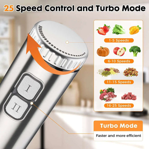 Killer 1000W Handheld Immersion Blender 8 In 1 Multi Tool Mixer Chopper Frother control dial showing 25 speed settings and turbo mode.