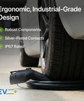 Rock Solid J1772 Level 2 EV Charger Replacement Cable 32 Amp 240 Volt 20 Foot shown under vehicle tire, featuring ergonomic design.