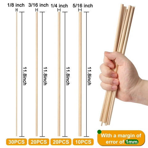 Premium Natural Wooden Dowel Rod Set Includes 80 Assorted Craft Sticks In Multiple Sizes, showing assorted diameters in hand.