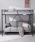 Heavy Duty Full Size Loft Bed With Solid Steel Frame And Flat Rungs For Teens And Adults Built Extra Tough For Years Of Chill Vibes Four Hundred Forty Pound Weight Limit No Box Spring Needed, with gray sofa below.
