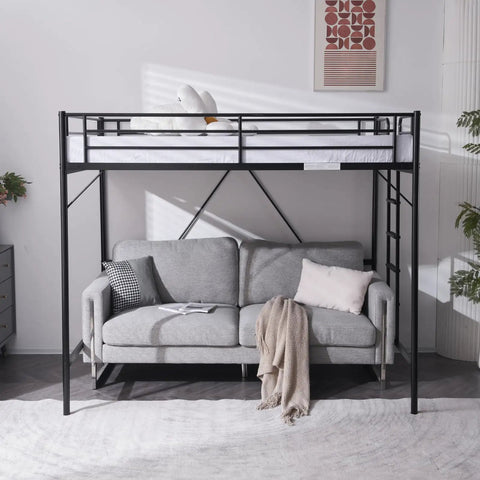 Heavy Duty Full Size Loft Bed With Solid Steel Frame And Flat Rungs For Teens And Adults Built Extra Tough For Years Of Chill Vibes Four Hundred Forty Pound Weight Limit No Box Spring Needed, with gray sofa below.