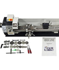 Jaryannix 8x32 Inch Mini Metal Lathe, 1100W Benchtop Machine with accessories including chuck and tools, perfect for fabrication.