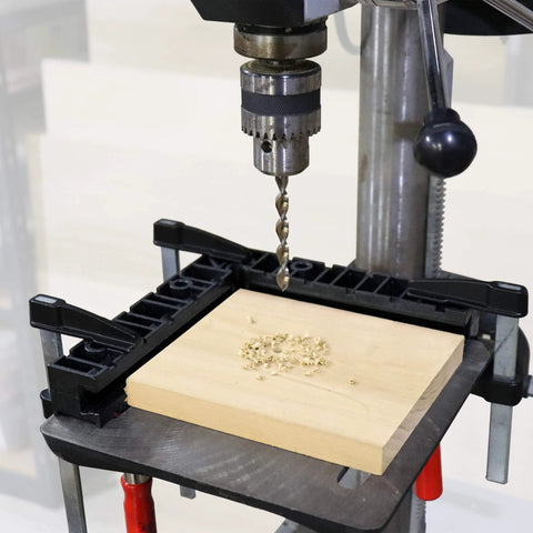 Drill press with wood block and Fence Clamp Kit With 90 Degree Corner Clamps And Assembly Squares For Cabinets, Picture Frames, Shelving And More, Works On Interior Or Exterior Corners, Durable Six Piece Set.