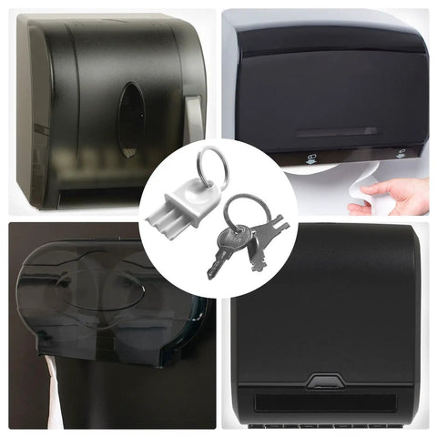 Toilet Paper Dispenser Keys And Paper Towel Key Set Universal Compatibility with Georgia Pacific Waffle shown with dispensers.