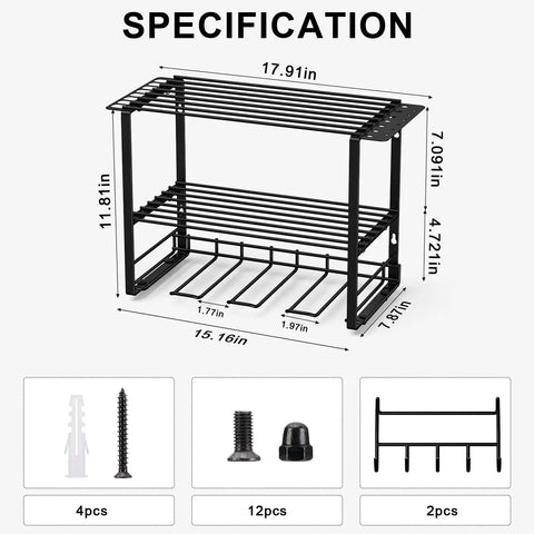 Power Tool Organizer Rack 3 Layer Heavy Alloy Steel Wall Mount Storage For Drill Bits And Hand Tools with dimensions and accessories