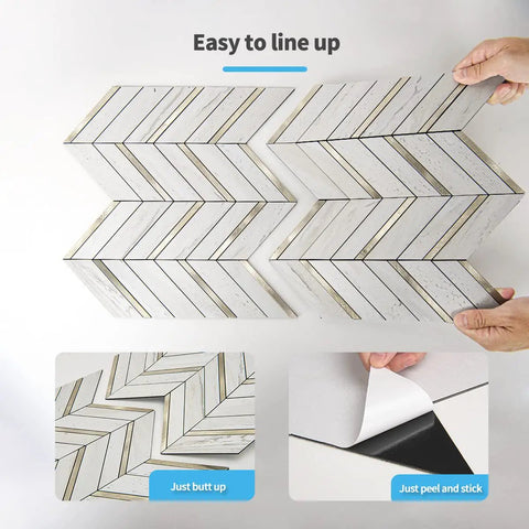 Peel And Stick Hexagon Mosaic Backsplash Tiles For Kitchen Decor being aligned and applied, gold aluminum PVC composite, easy to install.