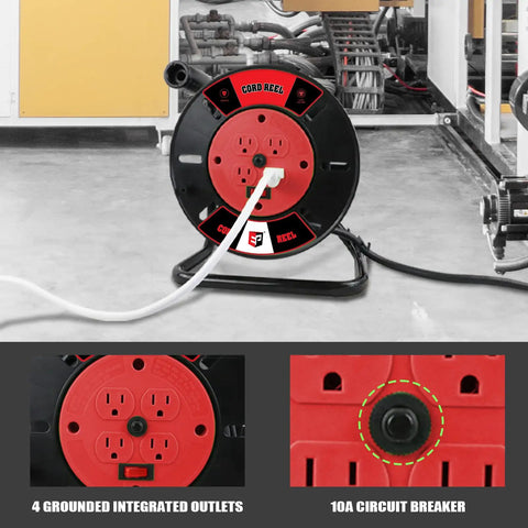 Portable Extension Cord Storage Reel On The Go With Four Grounded Outlets For 12/3 14/3 16/3 Power Cords Tangle Free