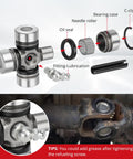 Front And Rear Prop Shaft U Joint Kit For RZR 1000 900 800 4 Turbo RS1 And Ranger Crew UTVs 1000 900 800 570 500 Diesel Three Pack Heavy Duty Replacement Set diagram with parts labeled and installation tip.