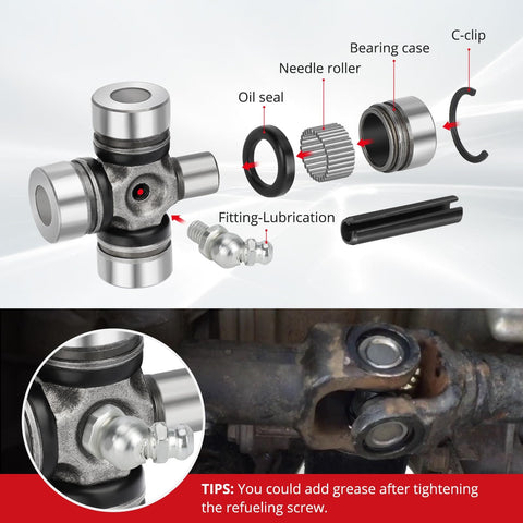 Front And Rear Prop Shaft U Joint Kit For RZR 1000 900 800 4 Turbo RS1 And Ranger Crew UTVs 1000 900 800 570 500 Diesel Three Pack Heavy Duty Replacement Set diagram with parts labeled and installation tip.