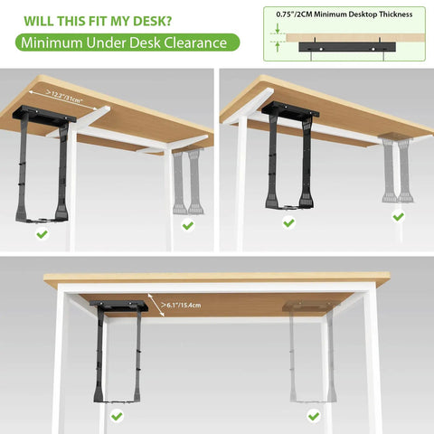 Heavy Duty Under Desk PC Mount With Adjustable Computer Tower Stand For No Sweat Slick Rail Setup and Rock Solid Desk Organization That Handles Any Beefy Desktop Tower showcasing minimum under desk clearance