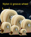 Beefed-Up Heavy Duty Nylon U-Groove Wheel Caster For Inverted Track And Sliding Doors, Smooth Silent Roller With Two Built-In Bearings, Perfect For Industrial Carts, Wire Rope Rails, Rolling Gates, And Gate Systems, 1.2 Inch Wheel, nylon U-groove wheel set
