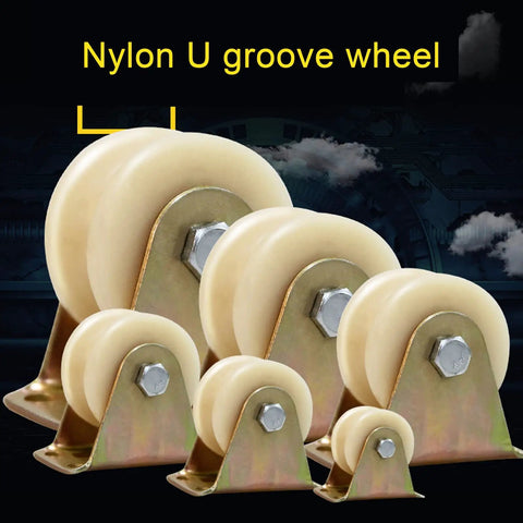 Beefed-Up Heavy Duty Nylon U-Groove Wheel Caster For Inverted Track And Sliding Doors, Smooth Silent Roller With Two Built-In Bearings, Perfect For Industrial Carts, Wire Rope Rails, Rolling Gates, And Gate Systems, 1.2 Inch Wheel, nylon U-groove wheel set