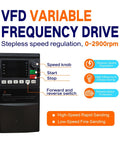 VFD Variable Frequency Drive with speed control, features start/stop, and forward/reverse switch for belt grinder use.