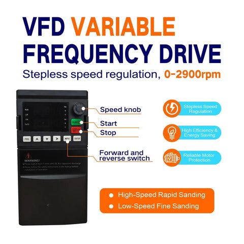 VFD Variable Frequency Drive with speed control, features start/stop, and forward/reverse switch for belt grinder use.