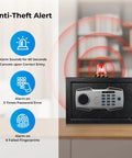 Smart Biometric Fingerprint Safe Lockbox With 3 Way Access showing electronic keypad and anti-theft alert on wooden surface