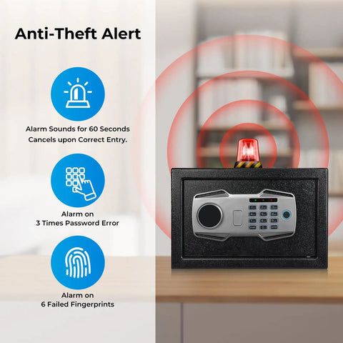 Smart Biometric Fingerprint Safe Lockbox With 3 Way Access showing electronic keypad and anti-theft alert on wooden surface
