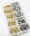 All In One Screw And Nut Kit With Brass Heat Insert Nuts And Hex Socket Cap Screws From M2.5 To M8 neatly organized in a case
